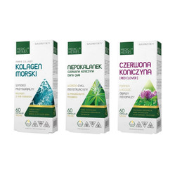 Zestaw: 1x Medica Herbs Czerwona Koniczyna Red Clover 60 kaps., 1x Medica Herbs Niepokalanek, Czerwona Koniczyna, Dong Quai 60 kaps., i 1x Medica Herbs Kolagen Morski 60 kaps.