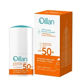 Oillan Ochronny roll-on przeciwsłoneczny do twarzy i ciała z filtrem SPF50 do skóry wrażliwej 50 ml