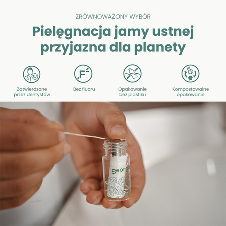 Georganics, Naturalna nić dentystyczna w szklanym opakowaniu Zero Waste, do codziennej pielęgnacji, smak zielonej mięty, 50 m