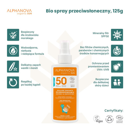 Alphanova Sun Bio, KIDS Spray Przeciwsłoneczny, filtr 50, 125g
