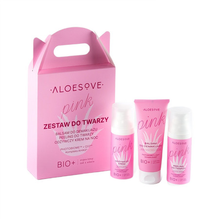 Aloesove - Xmas Pink Zestaw do twarzy torebka, balsam do demakijażu 75ml+peeling do twarzy 50ml+ krem na noc 50ml