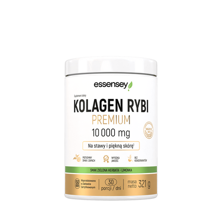 Essensey Kollagen Rybi 10000 mg na stawy, włosy z kwasem hialuronowym 321g smak zielona herbata