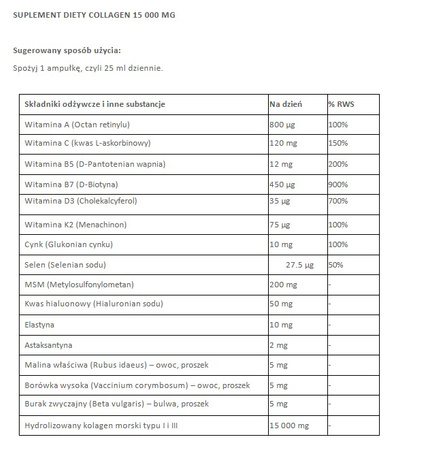 Swedish nutra Marine Collagen 15 000 mg kolagen do picia Shots 25 ml x 10 szt.