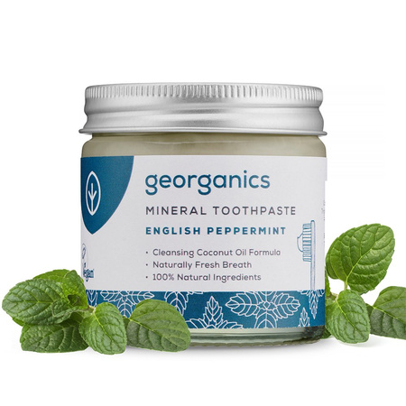 Georganics, Mineralna pasta do zębów w słoiku, bez fluoru, do codziennej pielęgnacji, smak mięty pieprzowej, 60 ml