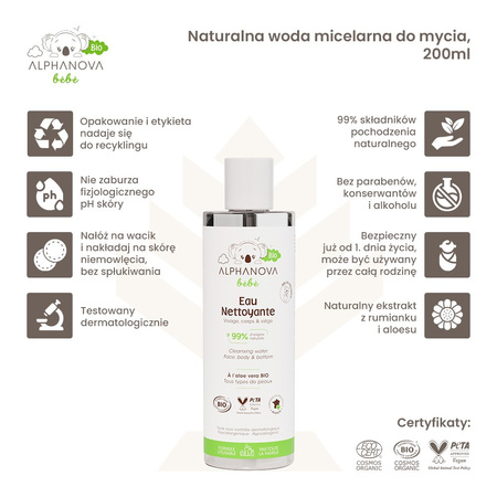 Alphanova Bebe Bio, Naturalna Woda Micelarna do mycia, 200ml