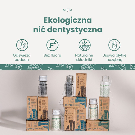 Georganics, Naturalna nić dentystyczna w szklanym opakowaniu Zero Waste, do codziennej pielęgnacji, smak zielonej mięty, 50 m
