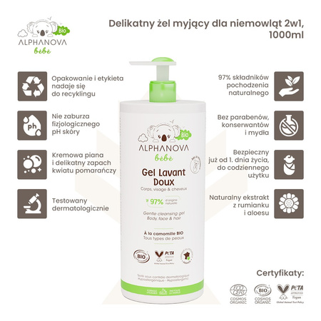 Alphanova Bebe Bio, Delikatny żel myjący dla niemowląt 2 w 1, 1000 ml