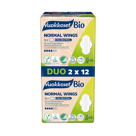 Vuokkoset, BIO, Podpaski ze Skrzydełkami Normal, 2-pack 2x12szt