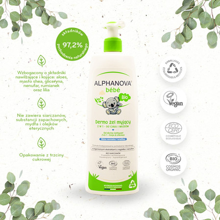 Alphanova Bebe Bio, Dermo-żel do mycia ciała i włosów dla dzieci do skóry normalnej i wrażliwej, 500 ml