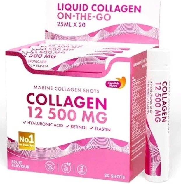 Коллаген морской Swedish Nutra Marine Collagen Shots 12500 мг, вкус яблоко, 20 шотов по 25 мл