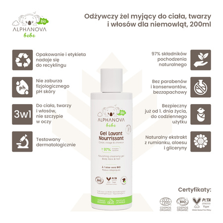 Alphanova Bebe Bio, Odżywczy żel myjący do ciała, twarzy i włosów dla niemowląt, 200ml
