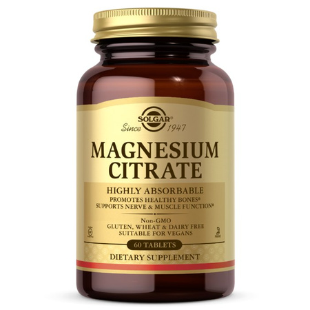Solgar Magnesium Citrate Cytrynian magnezu na wsparcie podczas skurczów 210 mg - 60 tabl.