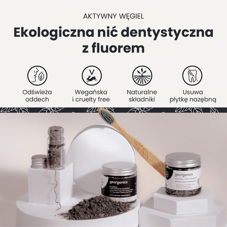 Georganics, Naturalna nić dentystyczna w szklanym opakowaniu Zero Waste, do codziennej pielęgnacji, z aktywnym węglem i fluorem, 50 m
