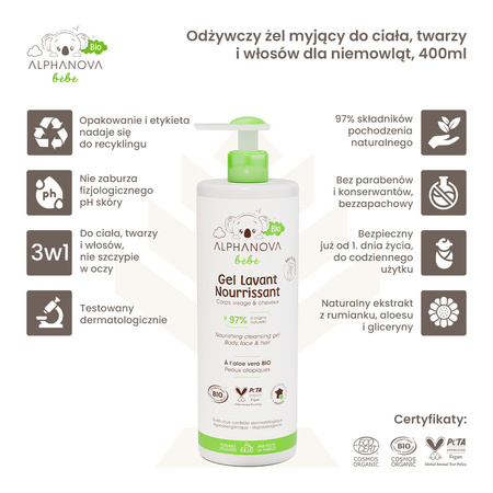 Alphanova Bebe Bio, Odżywczy żel myjący do ciała, twarzy i włosów dla niemowląt, 400ml