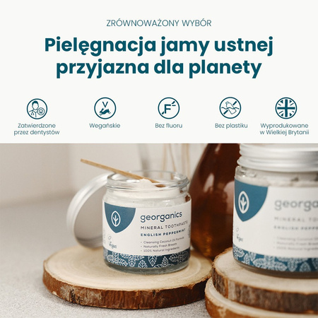 Georganics, Mineralna pasta do zębów w słoiku, bez fluoru, do codziennej pielęgnacji, smak mięty pieprzowej, 60 ml