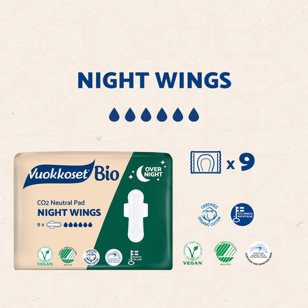 Vuokkoset, BIO, NIGHT WINGS, Podpaski ze skrzydełkami na noc, 9 szt.