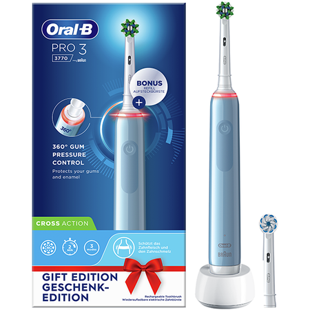 ORAL-B BRAUN SZCZOTECZKA ELEKTRYCZNA PRO3 3770 BLUE D505.524.3 (1x rączka, 1x koń.CA, 1x koń Sensi, ładowarka)