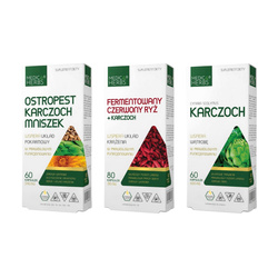 Zestaw: 1x Medica Herbs Ostropest Karczoch Mniszek 60 kaps., 1x Medica Herbs Fermentowany Czerwony Ryż + Karczoch 80 kaps., i 1x Medica Herbs Karczoch na wsparcie wątroby i układu pokarmowego 60 kaps.