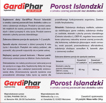 GardiPhar Porost Islandzki o smaku czarnej porzeczki - 24 miękkie pastylki do ssania