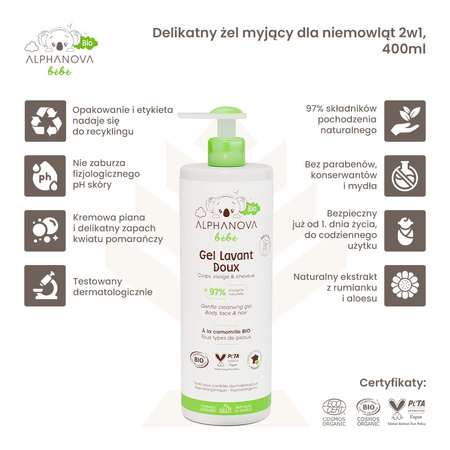 Alphanova Bebe Bio, Delikatny żel myjący dla niemowląt 2 w 1, 400ml