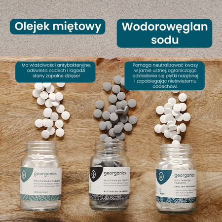 Georganics, Naturalne tabletki do płukania jamy ustnej, do codziennej pielęgnacji, smak mięty pieprzowej, 180 tabletek
