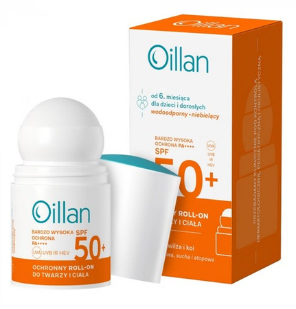 Oillan Ochronny roll-on przeciwsłoneczny do twarzy i ciała z filtrem SPF50 do skóry wrażliwej 50 ml