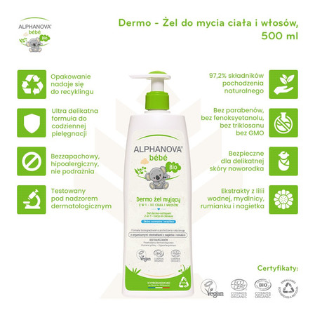 Alphanova Bebe Bio, Dermo-żel do mycia ciała i włosów dla dzieci do skóry normalnej i wrażliwej, 500 ml