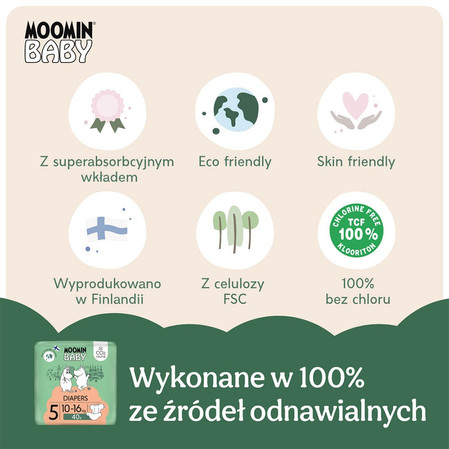MOOMIN Baby, Pieluszki 5 MAXI 10-16 kg, 40 szt. EKO