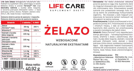 Life Care Żelazo wzbogacone naturalnymi ekstraktami 60 kaps.